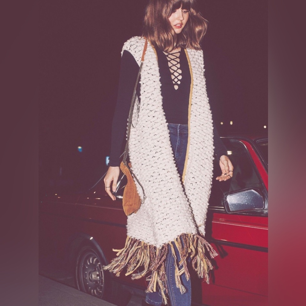 Free People | Women’s Madeline Long Wool Cardigan Vest with Fringe S